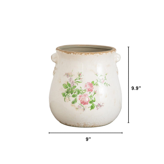 10" Floral Print Tuscan Ceramic Scroll Planter - Farmhouse Pots for Houseplants