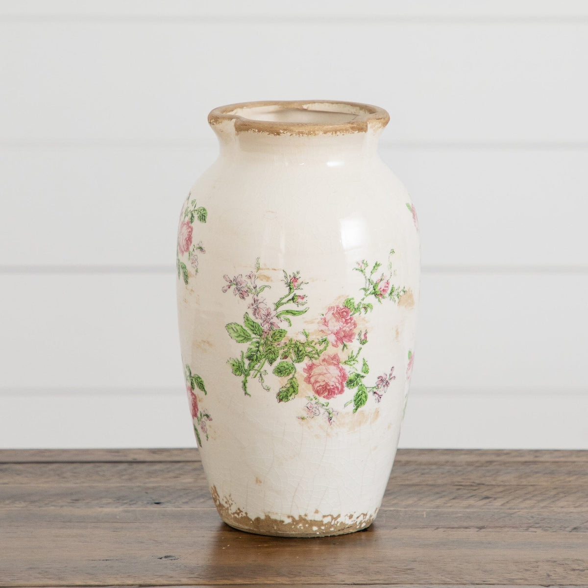 10” Floral Print Tuscan Ceramic Scroll Urn - Rustic Farmhouse Vase for Artificial Flowers