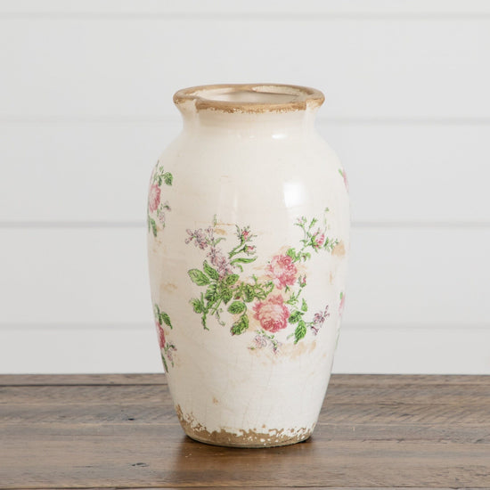 10” Floral Print Tuscan Ceramic Scroll Urn - Rustic Farmhouse Vase for Artificial Flowers