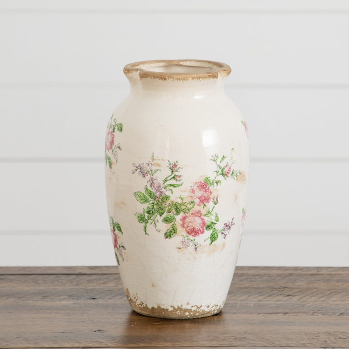 10” Floral Print Tuscan Ceramic Scroll Urn - Rustic Farmhouse Vase for Artificial Flowers