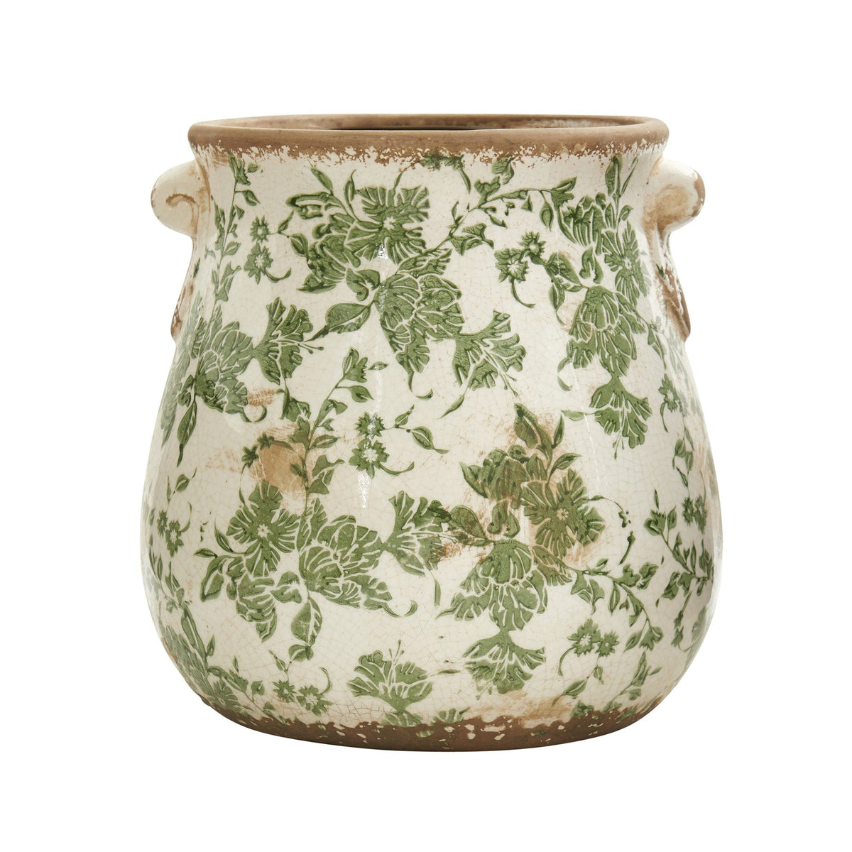 10” Tuscan Ceramic Green Scroll Planter w/ Handles - Rustic Farmhouse Tabletop Decor