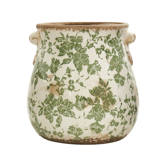 10” Tuscan Ceramic Green Scroll Planter w/ Handles - Rustic Farmhouse Tabletop Decor