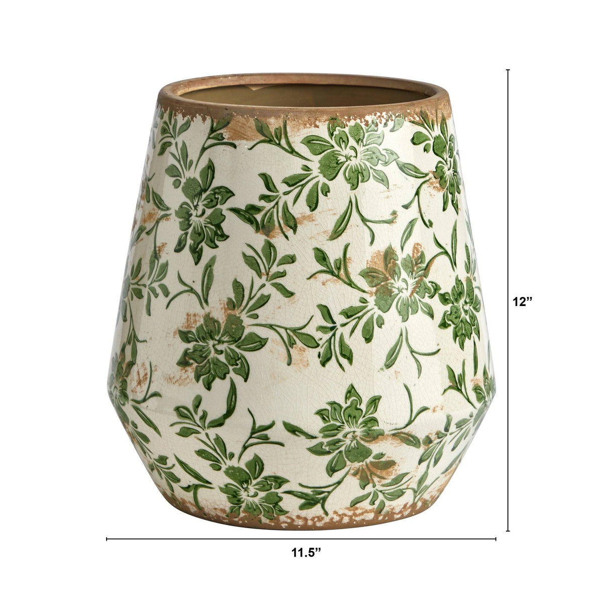 12” Tuscan Ceramic Green Scroll Planter - Rustic Farmhouse Vase for Home Decor