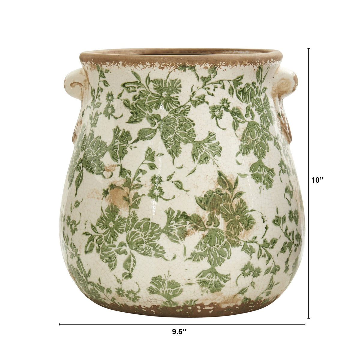 10” Tuscan Ceramic Green Scroll Planter w/ Handles - Rustic Farmhouse Tabletop Decor