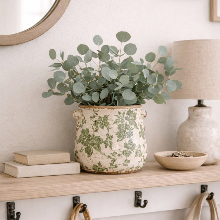 10” Tuscan Ceramic Green Scroll Planter w/ Handles - Rustic Farmhouse Tabletop Decor
