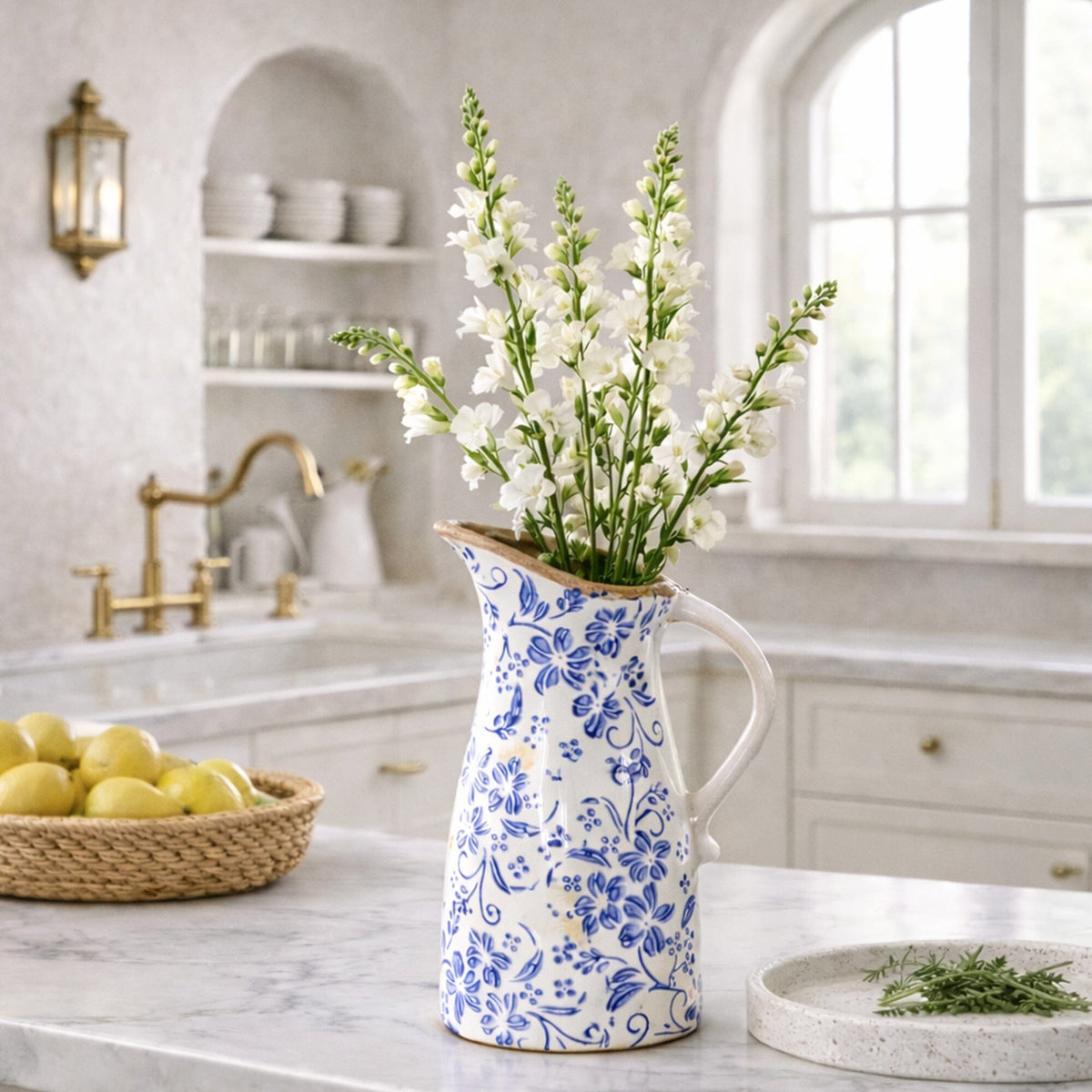 10.5” Floral Tuscan Ceramic Blue Scroll Pitcher Vase - Ceramic Vase for Fresh, Dried & Artificial Flowers