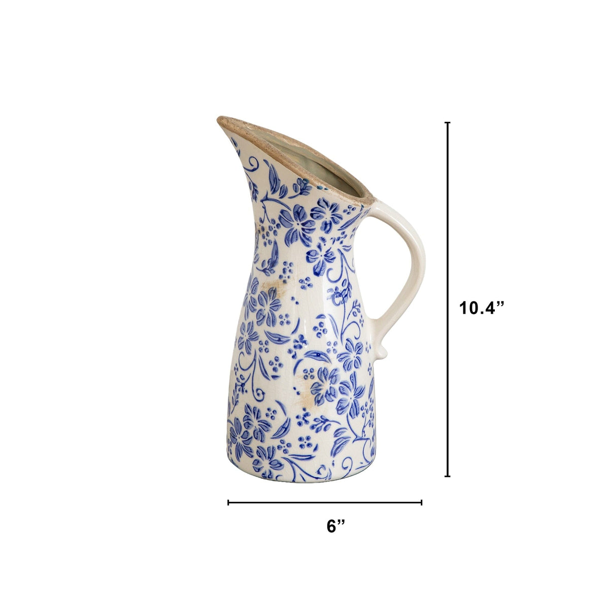 10.5” Floral Tuscan Ceramic Blue Scroll Pitcher Vase - Ceramic Vase for Fresh, Dried & Artificial Flowers
