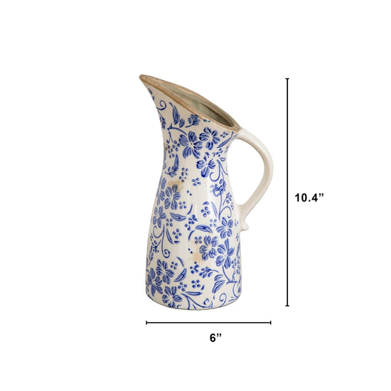10.5” Floral Tuscan Ceramic Blue Scroll Pitcher Vase - Ceramic Vase for Fresh, Dried & Artificial Flowers
