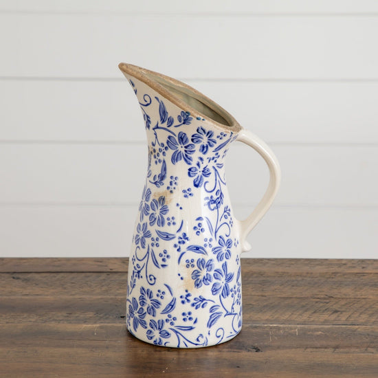 10.5” Floral Tuscan Ceramic Blue Scroll Pitcher Vase - Ceramic Vase for Fresh, Dried & Artificial Flowers