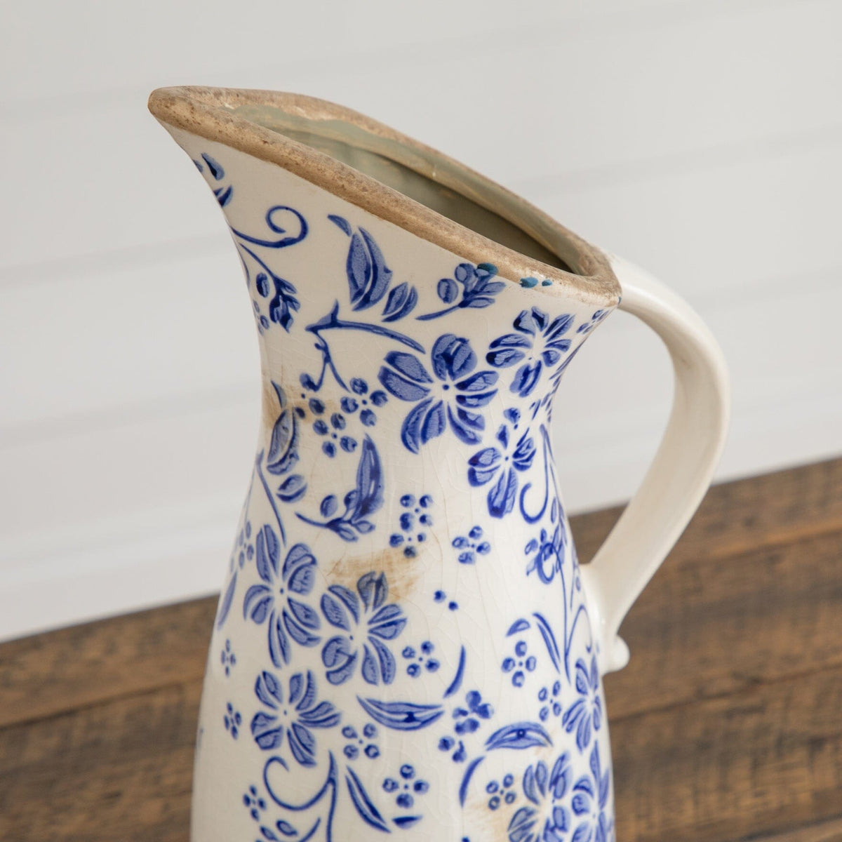 10.5” Floral Tuscan Ceramic Blue Scroll Pitcher Vase - Ceramic Vase for Fresh, Dried & Artificial Flowers