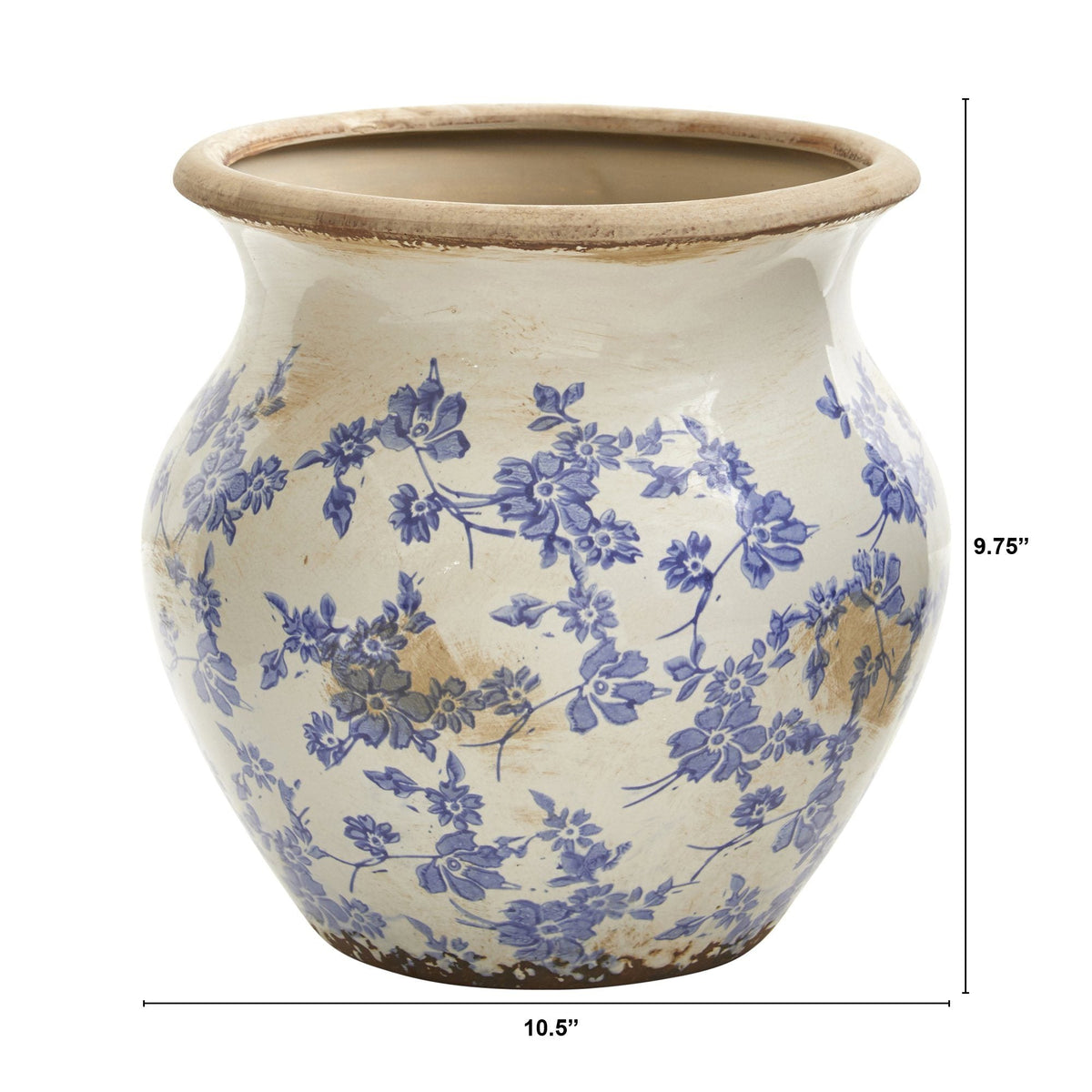 10.5” Tuscan Ceramic Blue Scroll Urn Vase - Rustic Pottery Vase