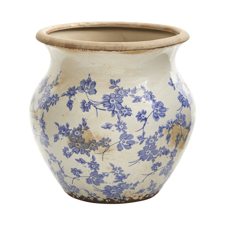 10.5” Tuscan Ceramic Blue Scroll Urn Vase - Rustic Pottery Vase