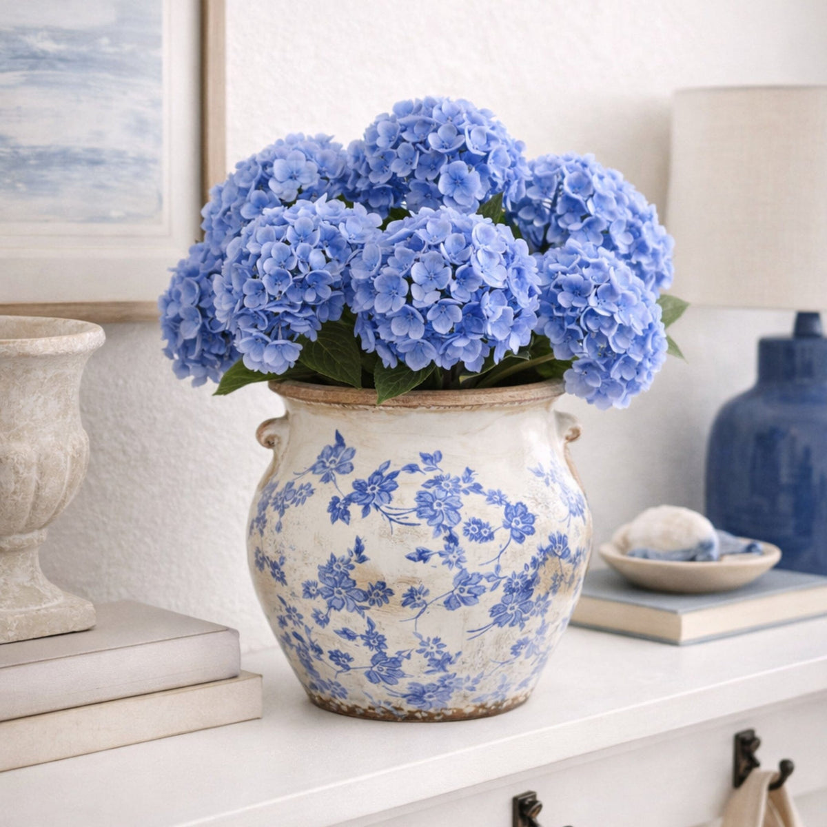 10.5” Tuscan Ceramic Blue Scroll Urn Vase - Rustic Pottery Vase
