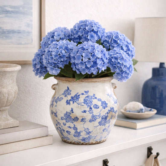 10.5” Tuscan Ceramic Blue Scroll Urn Vase - Rustic Pottery Vase