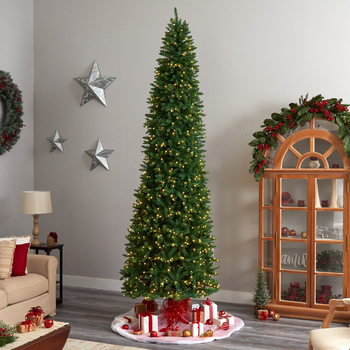 11' Slim Green Mountain Pine Christmas Tree with 950 Clear LED Lights and 2836 Bendable Branches, holiday tree for festive indoor Christmas decorating