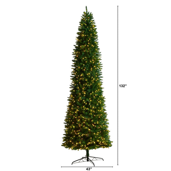 11' Slim Green Mountain Pine Christmas Tree with 950 Clear LED Lights and 2836 Bendable Branches, Christmas tree for living room, entryway or seasonal display