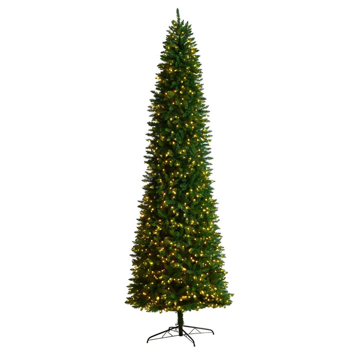 11’ Slim Green Mountain Pine Christmas Tree with 950 Clear LED Lights and 2836 Bendable Branches