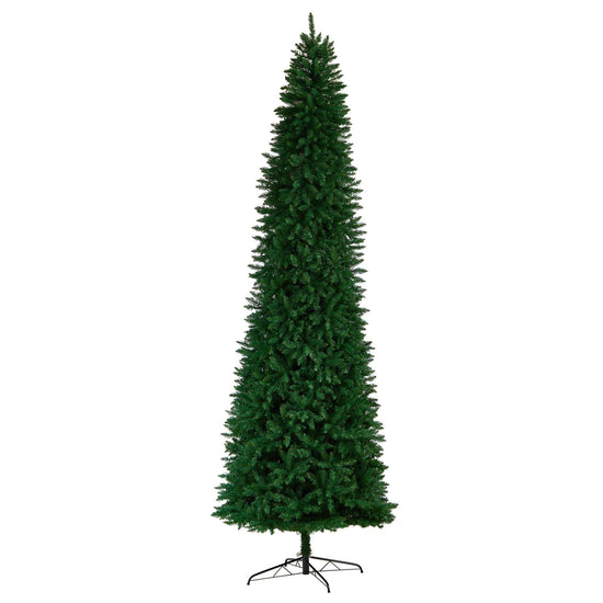 11' Slim Green Mountain Pine Christmas Tree with 950 Clear LED Lights and 2836 Bendable Branches, holiday tree for festive indoor Christmas decorating