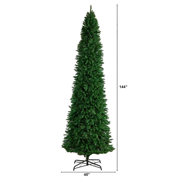 12' Slim Green Mountain Pine Artificial Christmas Tree with 3235 Bendable Branches, Christmas tree for living room, entryway or seasonal display