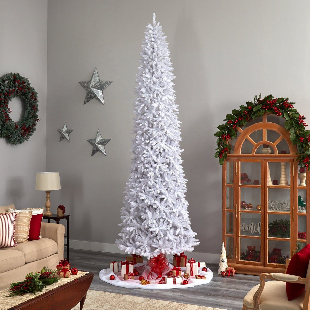 12' Slim White Artificial Christmas Tree with 3235 Bendable Branches, artificial Christmas tree for festive holiday home decor from Cedar & Spice Gifts