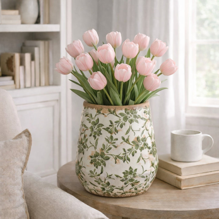 12” Tuscan Ceramic Green Scroll Planter - Rustic Farmhouse Vase for Home Decor