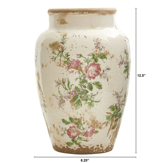 12.5” Tuscan Ceramic Floral Print Vase - Rustic Ceramic Vase