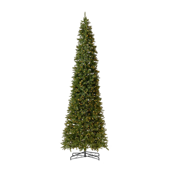 13' Artificial Slim Green Mountain Pine Christmas Tree with 1360 Warm White LED Lights and 3924 Bendable Branches, artificial Christmas tree for festive holi...
