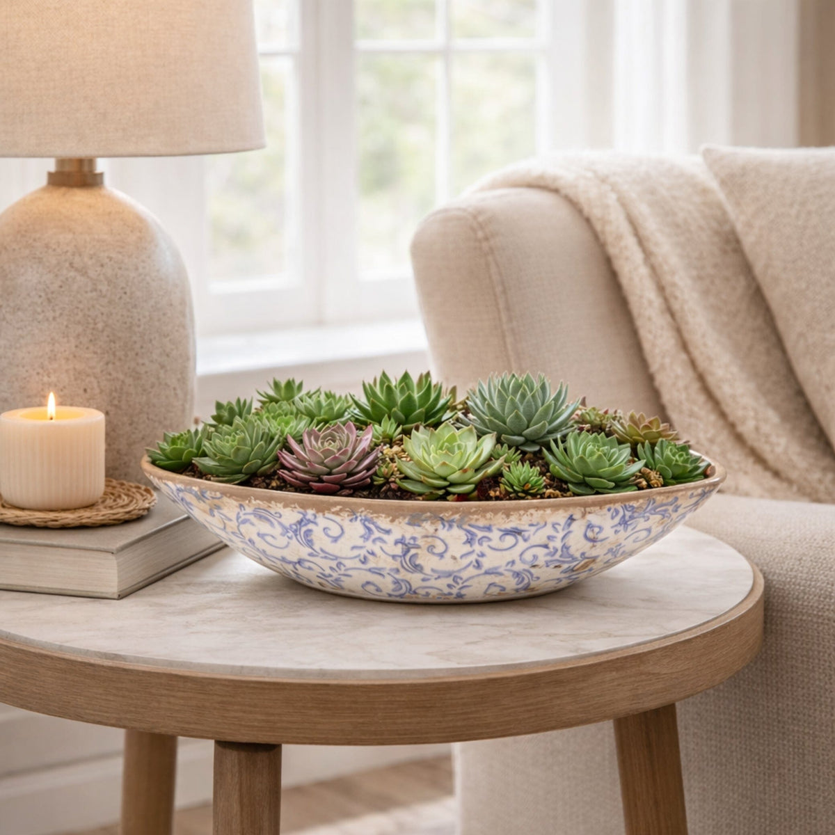 13” Tuscan Ceramic Blue Scroll Decorative Bowl - Rustic Centerpiece Bowl