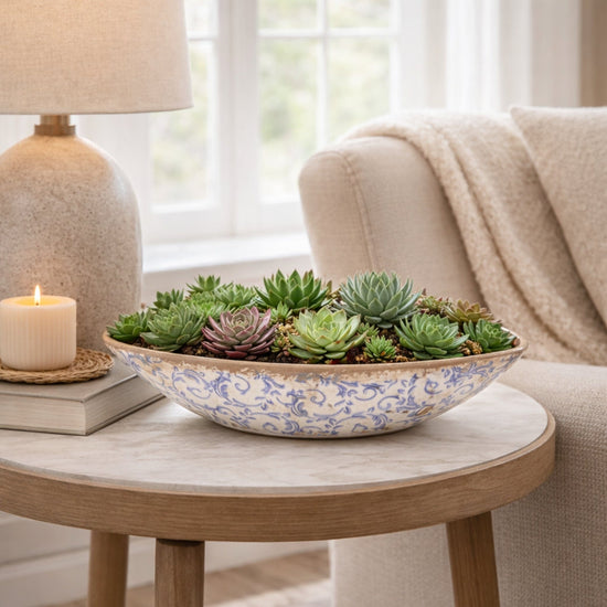 13” Tuscan Ceramic Blue Scroll Decorative Bowl - Rustic Centerpiece Bowl
