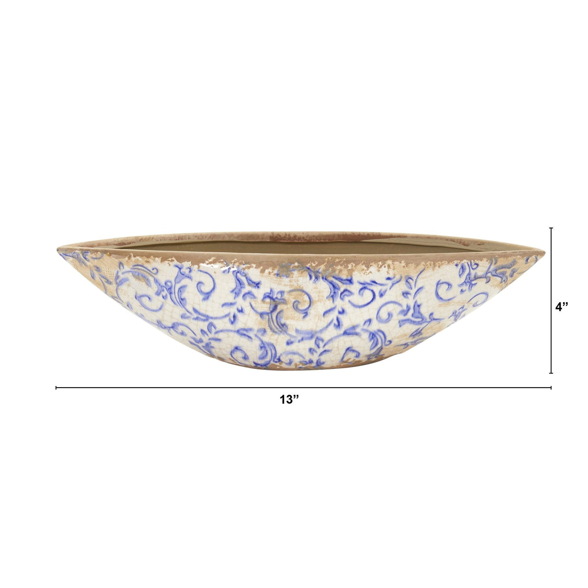 13” Tuscan Ceramic Blue Scroll Decorative Bowl - Rustic Centerpiece Bowl