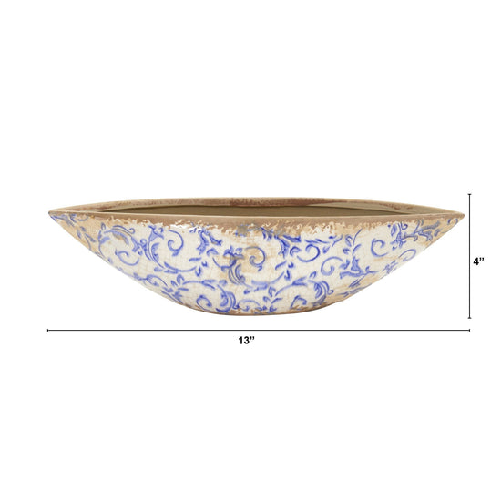 13” Tuscan Ceramic Blue Scroll Decorative Bowl - Rustic Centerpiece Bowl