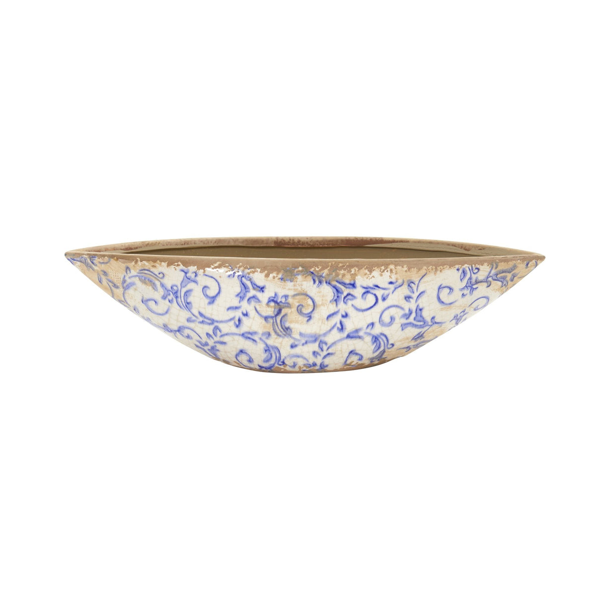 13” Tuscan Ceramic Blue Scroll Decorative Bowl - Rustic Centerpiece Bowl
