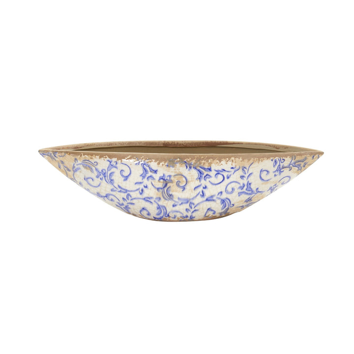 13” Tuscan Ceramic Blue Scroll Decorative Bowl - Rustic Centerpiece Bowl