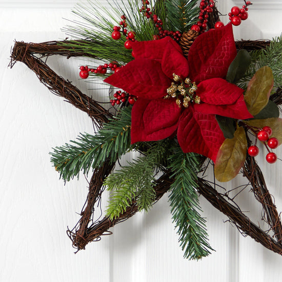 16” Holiday Christmas Poinsettia Star Twig Wreath