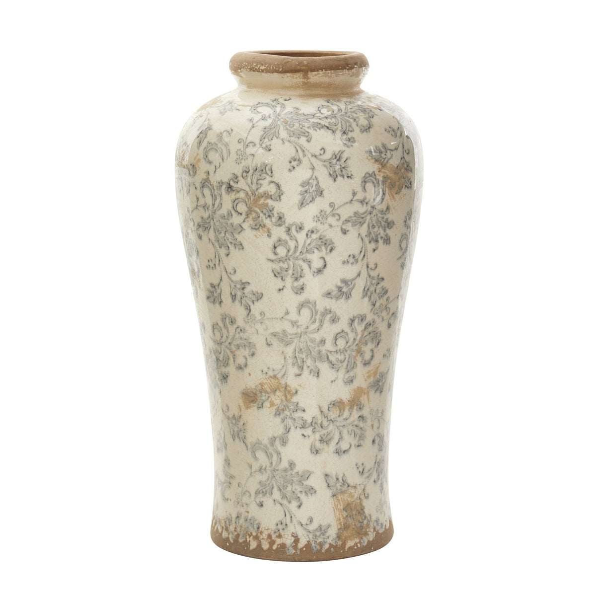 16” Tuscan Ceramic Floral Scroll Urn Vase - Rustic Decorative Vessel for Table, Shelf & Mantel Decor