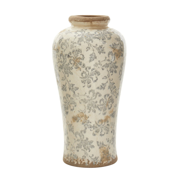 16” Tuscan Ceramic Floral Scroll Urn Vase - Rustic Decorative Vessel for Table, Shelf & Mantel Decor