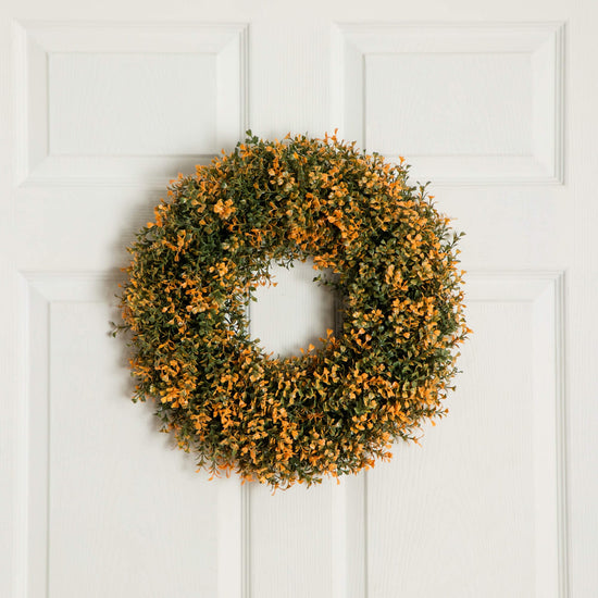 18" Pre-Lit Autumn Boxwood Artificial Fall Wreath with 25 Warm White LED Lights