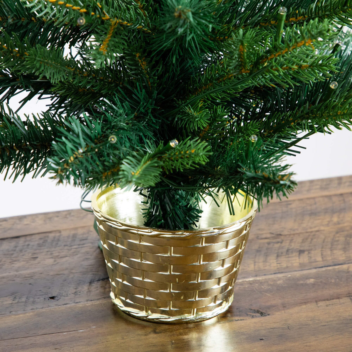 2' Pre-Lit Artificial Classic Christmas Tree with 35 Warm White LED Lights in Gold Decorative Planter, Christmas tree for living room, entryway or seasonal d...