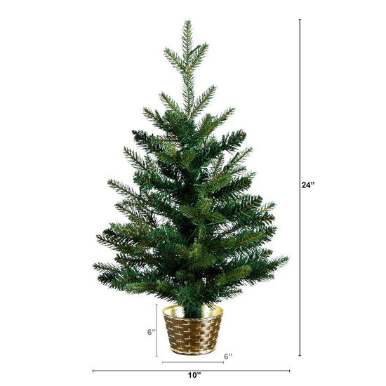 2' Pre-Lit Artificial Classic Christmas Tree with 35 Warm White LED Lights in Gold Decorative Planter, decorative Christmas tree for home and seasonal holida...