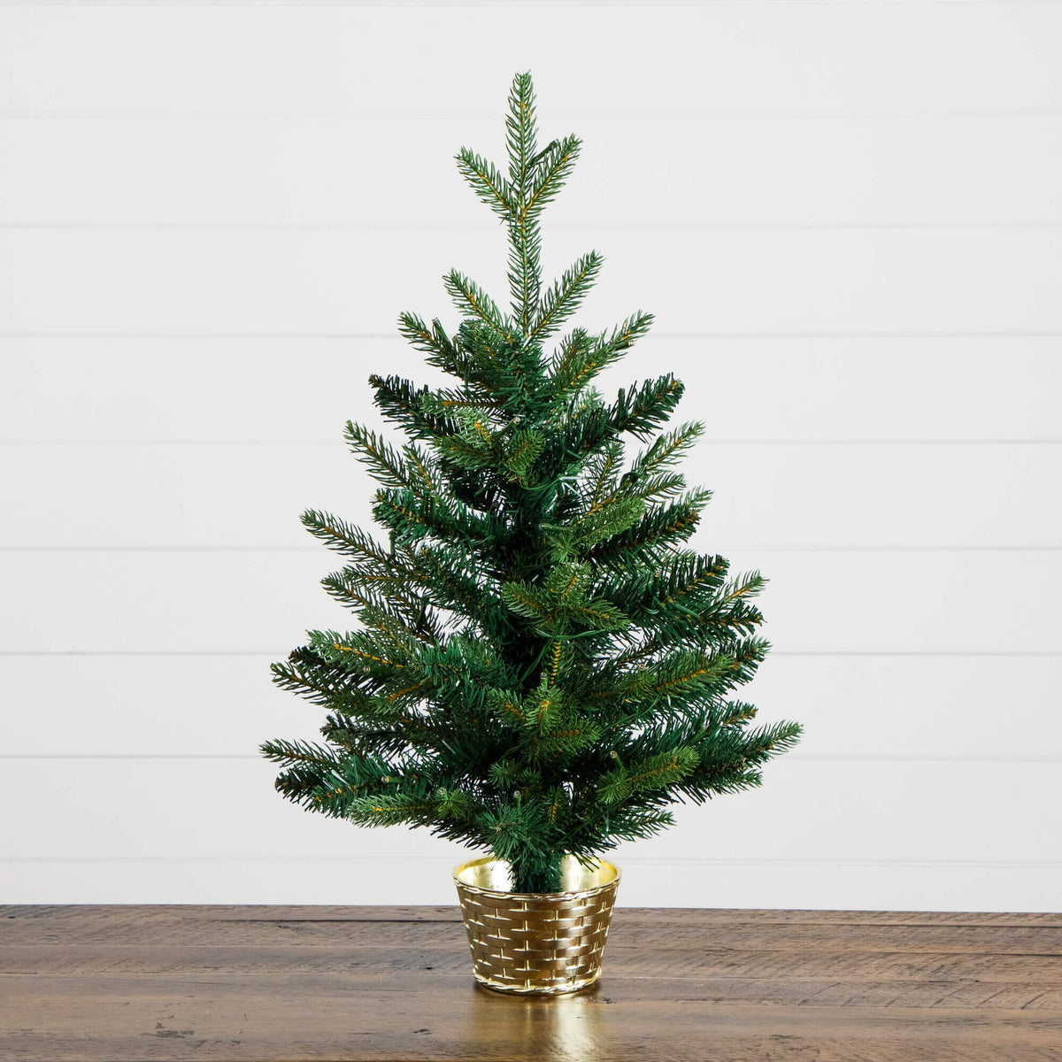 2' Pre-Lit Artificial Classic Christmas Tree with 35 Warm White LED Lights in Gold Decorative Planter, decorative Christmas tree for home and seasonal holida...
