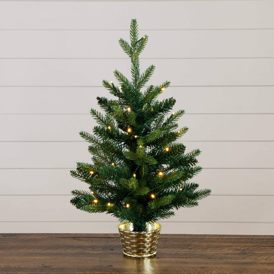 2' Pre-Lit Artificial Classic Christmas Tree with 35 Warm White LED Lights in Gold Decorative Planter, artificial Christmas tree for festive holiday home dec...