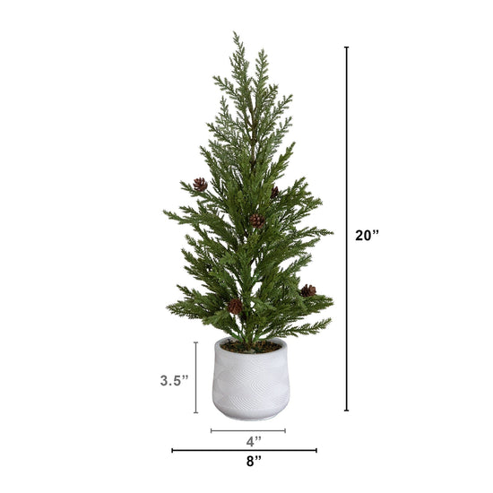 20” Artificial Christmas Cedar Pine Tree with Pinecones in White Ceramic Planter