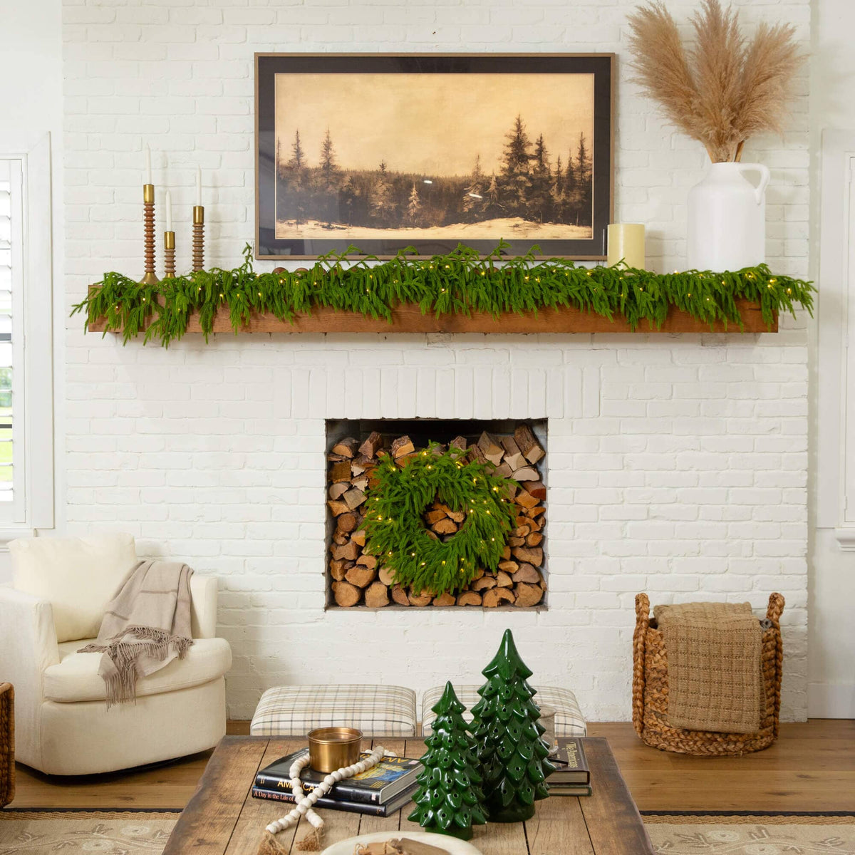 20" Pre-Lit Artificial Real Touch Norfolk Island Pine Wreath with 35 Warm White LED Lights and Natural Look