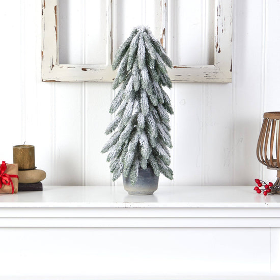 21" Flocked Artificial Christmas Tree in Decorative Planter, holiday tree for festive indoor Christmas decorating