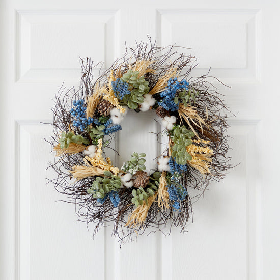 22” Autumn Cotton, Eucalyptus, Berries and Pinecones Artificial Fall Wreath