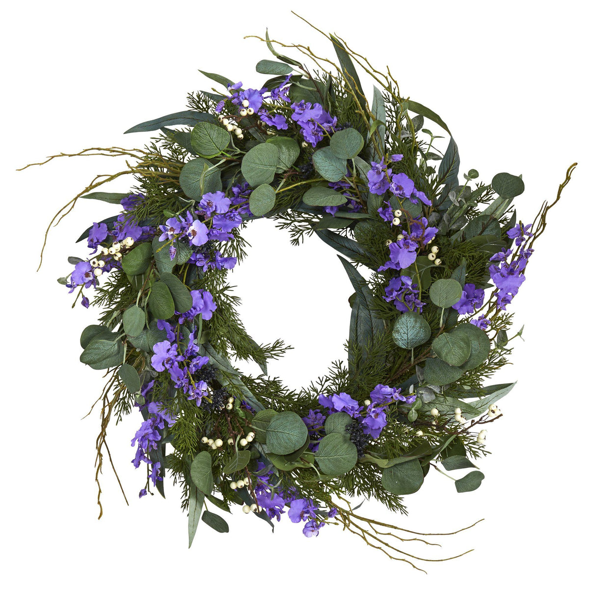 24” Eucalyptus, Dancing Lady Orchid and Mixed Greens Artificial Wreath