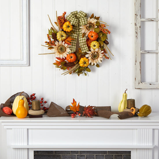 24” Fall Pumpkin, Sunflower Artificial Autumn Wreath with Decorative Ribbon