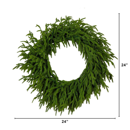 24" Pre-Lit Artificial Real Touch Norfolk Island Pine Wreath with 50 Warm White LED Lights and Natural Look