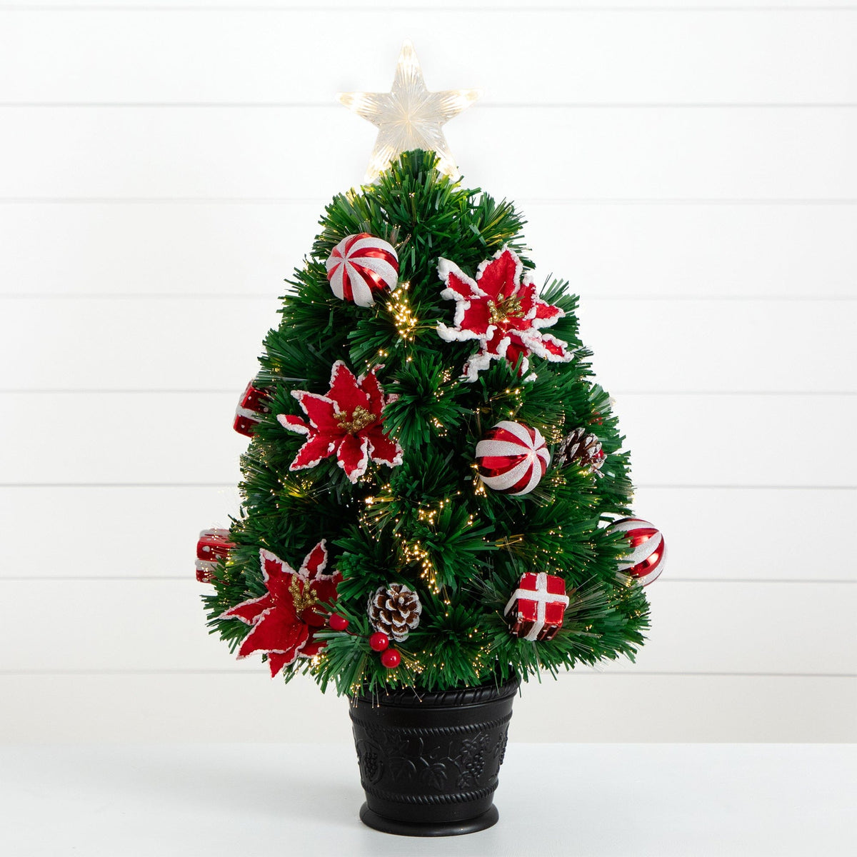 24" Pre-Lit Fiber Optic Artificial Christmas Tree with Ornaments, Poinsettia and Star Topper, Christmas ornament for festive holiday tree decor from Cedar &...