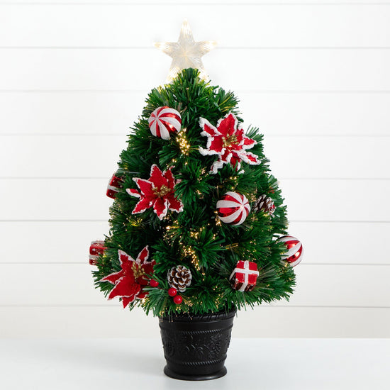 24" Pre-Lit Fiber Optic Artificial Christmas Tree with Ornaments, Poinsettia and Star Topper, Christmas ornament for festive holiday tree decor from Cedar &...